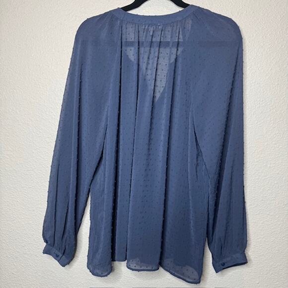 DR2 Blue Chiffon Clip Dot Sheer Button Front Blouse Sz Large - Picture 2 of 11